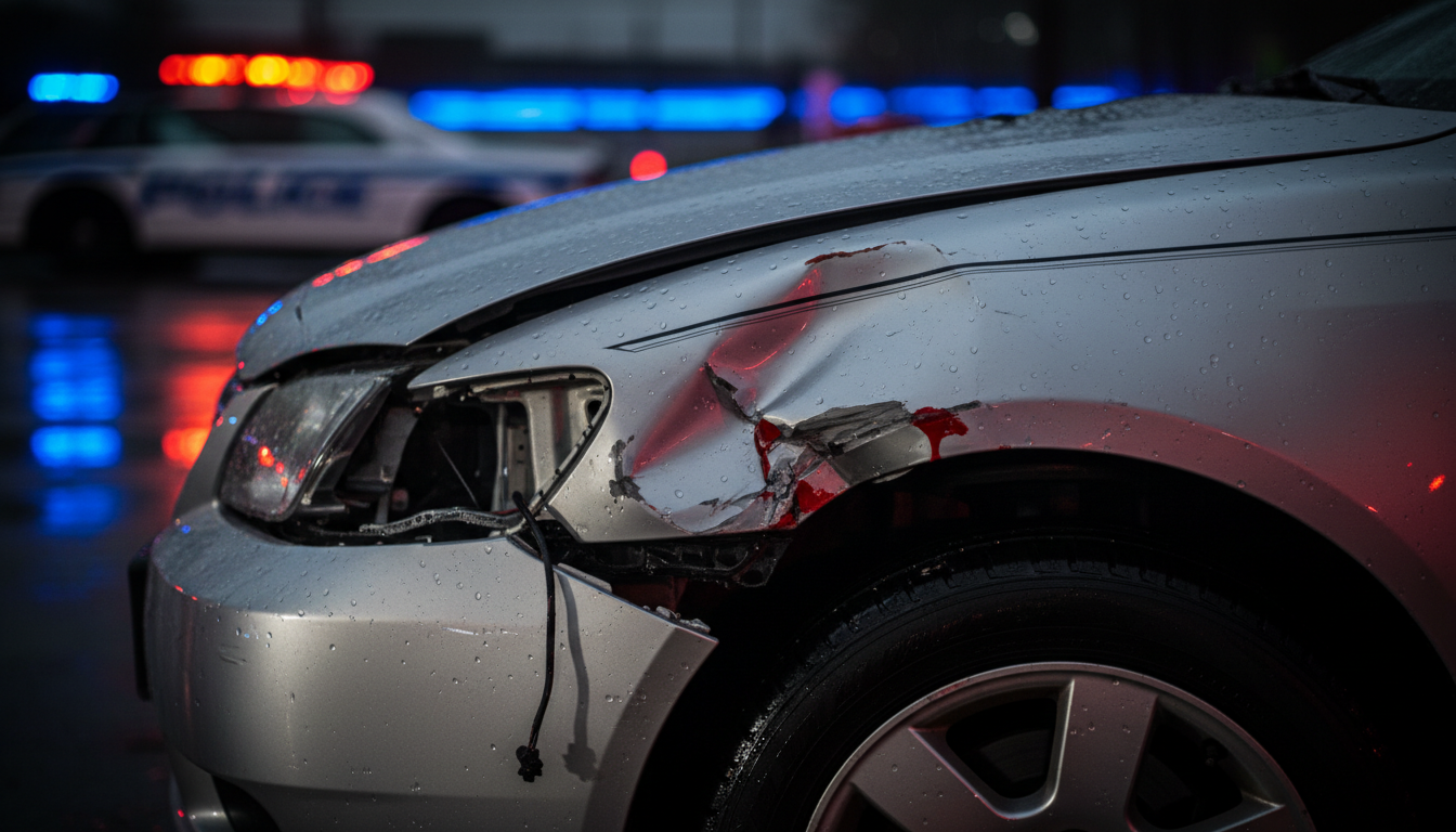 Damaged car at the scene of a collision with emergency lights behind it
