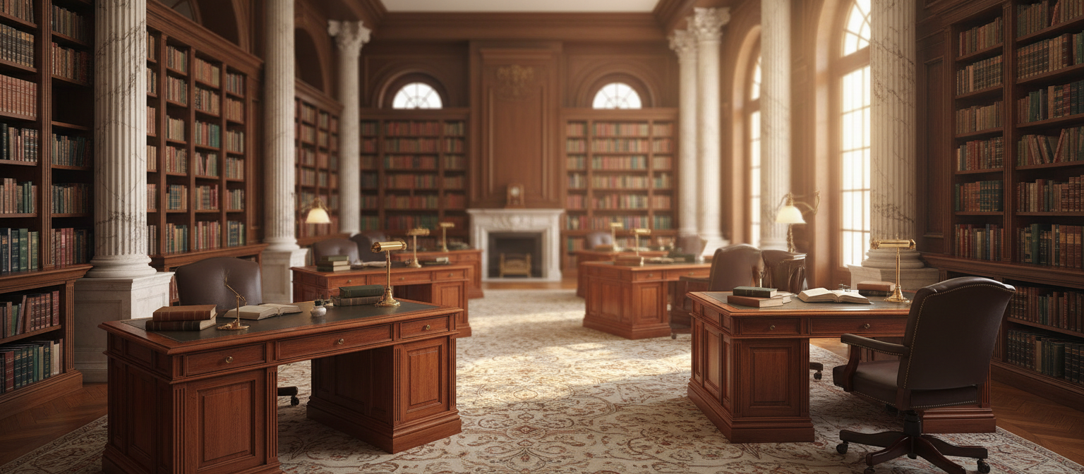 Rows of bound law reports on library shelves