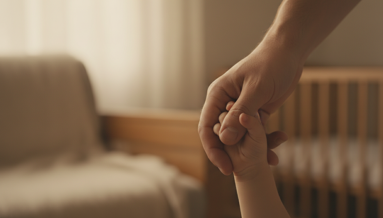 An adult's hand holding a child's hand