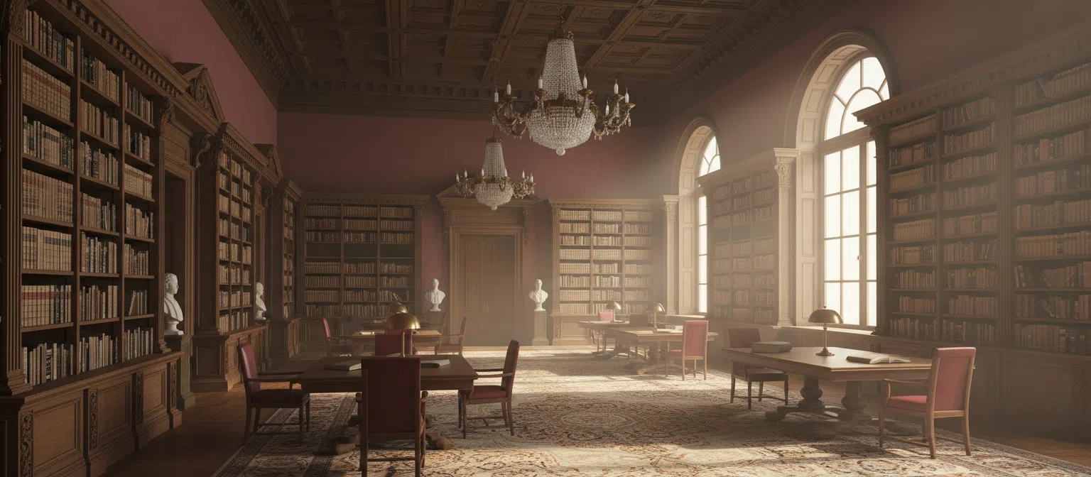 Sunlit law library reading room lined with bookshelves