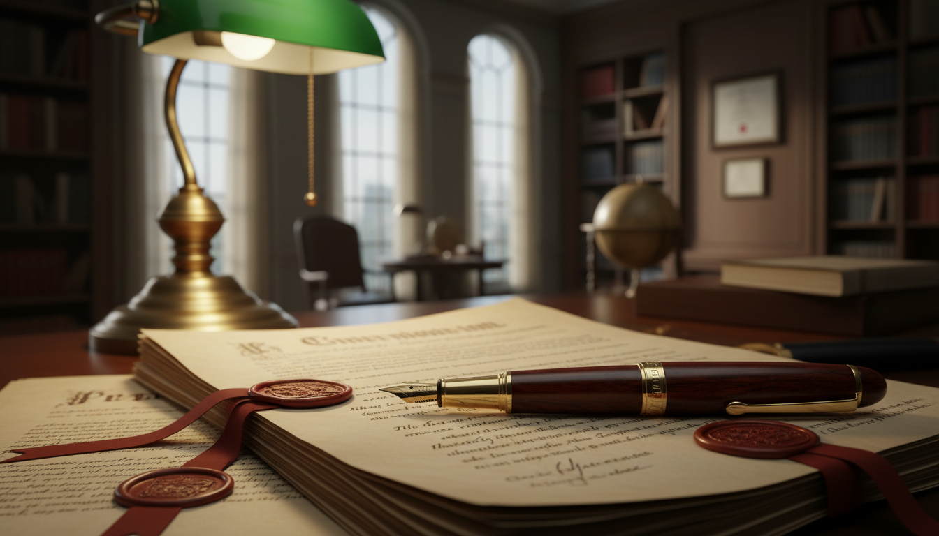 Attorney's desk with scales of justice and a fountain pen
