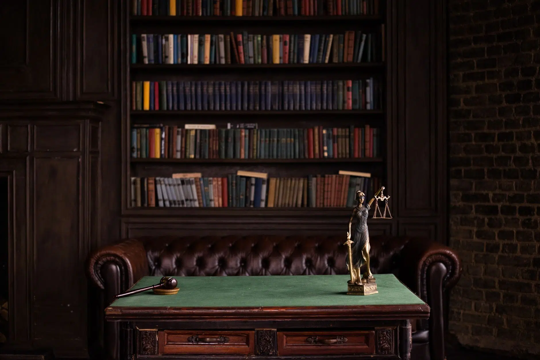 Law library with a gavel and scales of justice on a writing desk